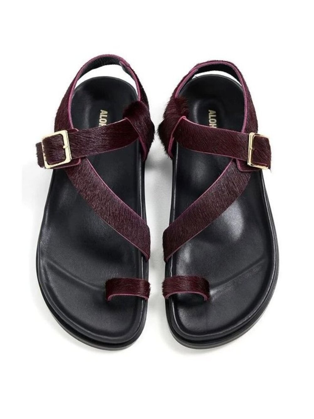 ALOHAS Burgundy Haircalf Toe-Ring Sandals with Gold Buckles and Black Footbed